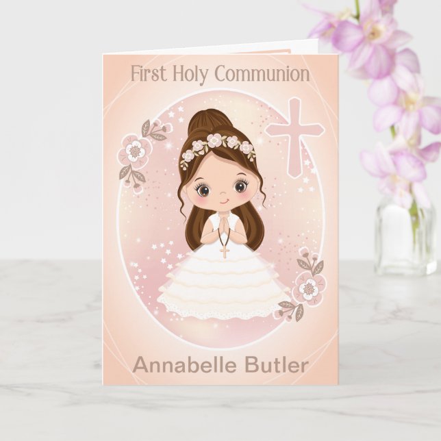 Girl First Holy Communion Folded Greeting Card (Orchid)