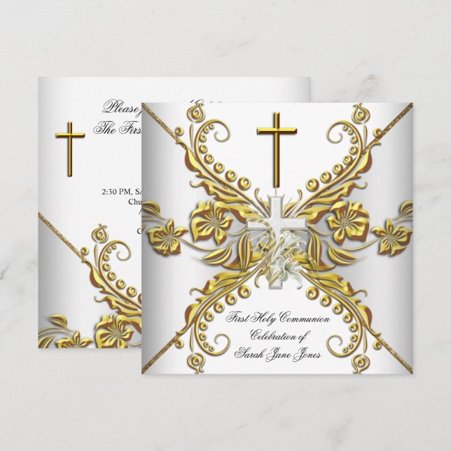 Girl First Holy Communion Gold White Silver Floral Invitation (Front/Back)
