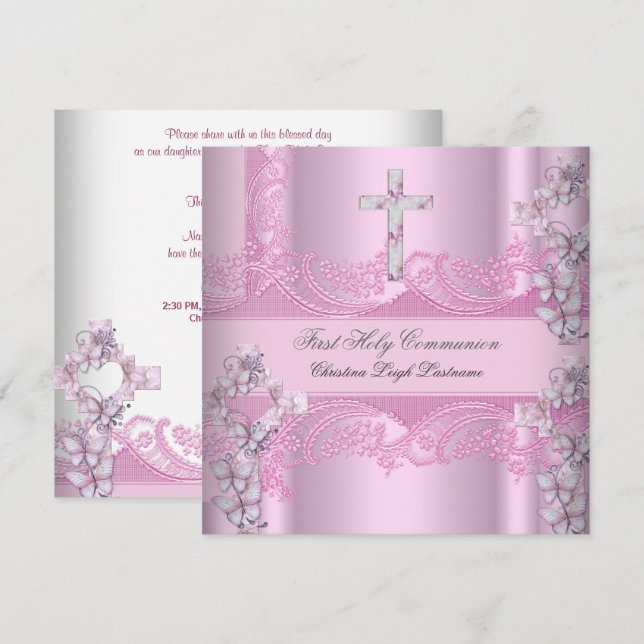 Girl First Holy Communion Lace Pink Invitation (Front/Back)