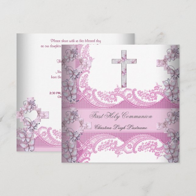 Girl First Holy Communion Lace Pink Invitation (Front/Back)
