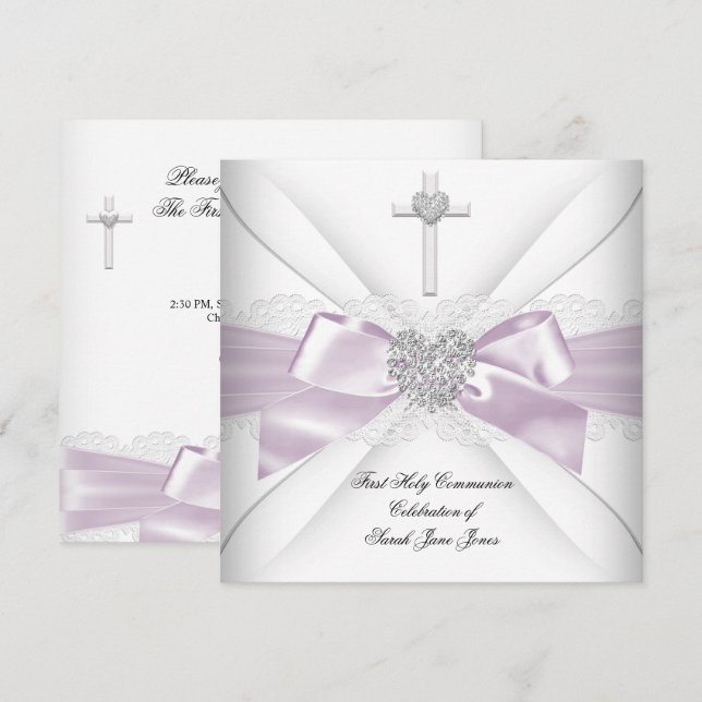 Girl First Holy Communion Lilac Pink Silver Heart Invitation (Front/Back)