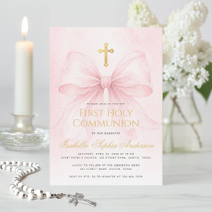 Girl First Holy Communion Pink Bow Faux Gold Cross Invitation
