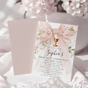 Girl First Holy Communion Pink Bow Rose Floral Invitation