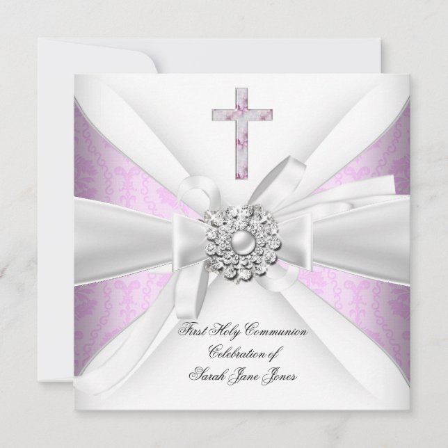 Girl First Holy Communion Pink Damask White Silver Invitation (Front)