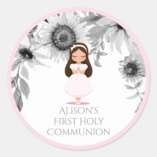Girl First Holy Communion Pink Flowers Classic Round Sticker