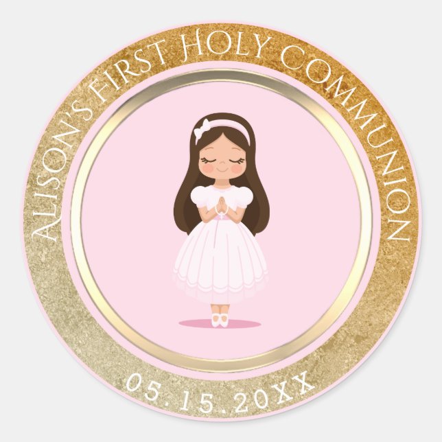 Girl First Holy Communion Pink Gold Classic Round Sticker (Front)