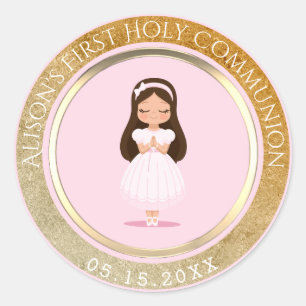 Girl First Holy Communion Pink Gold Classic Round Sticker