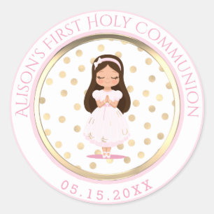 Girl First Holy Communion Pink Gold Classic Round Sticker