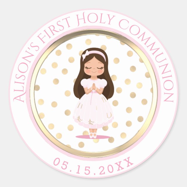 Girl First Holy Communion Pink Gold Classic Round Sticker (Front)