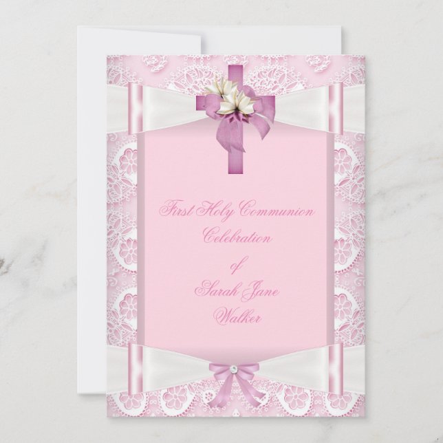 Girl First Holy Communion Pink Lace Bow White 5 Invitation (Front)