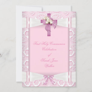 Girl First Holy Communion Pink Lace Bow White 5 Invitation