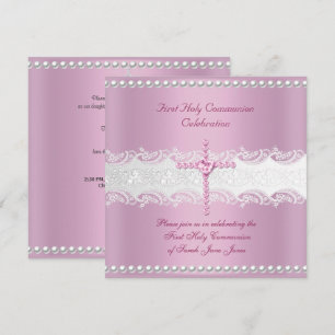 Girl First Holy Communion Pink Lace Pink Pearl Invitation
