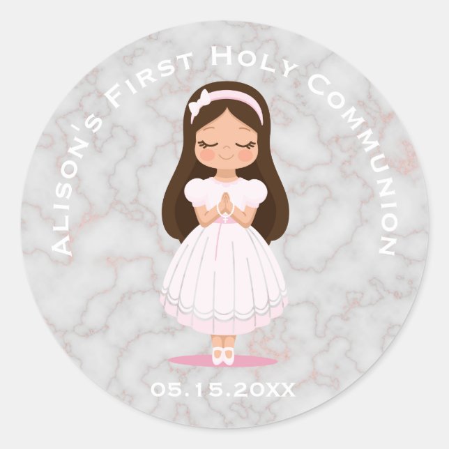 Girl First Holy Communion Pink Marble Classic Round Sticker (Front)