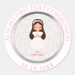 Girl First Holy Communion Pink Silver Classic Round Sticker