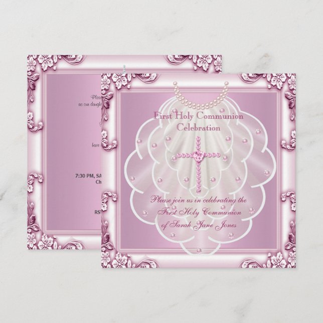 Girl First Holy Communion Pink Veil Pink Cross Invitation (Front/Back)