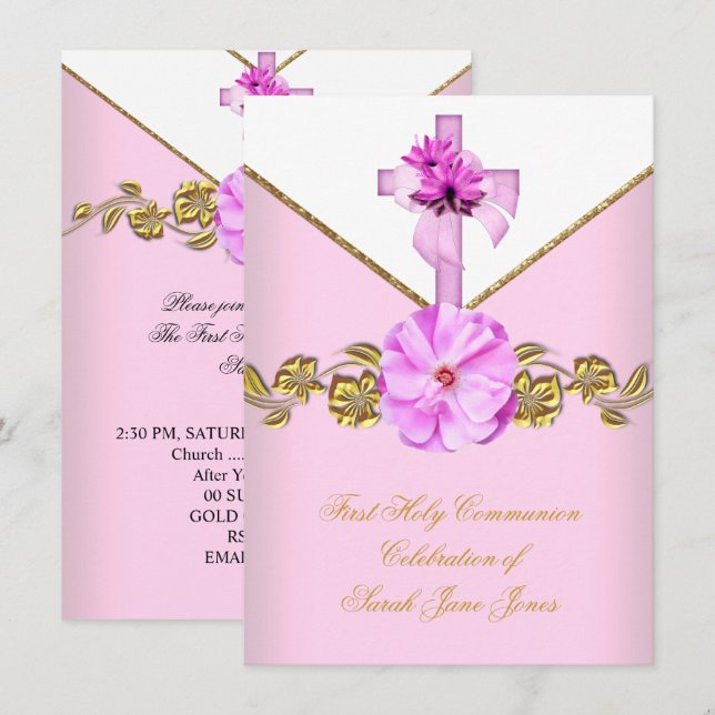 Girl First Holy Communion Pink White Flower 3 Invitation (Front/Back)