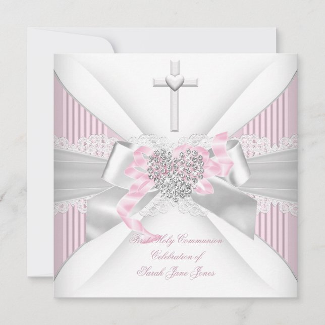 Girl First Holy Communion Pink White Grey Heart 2 Invitation (Front)