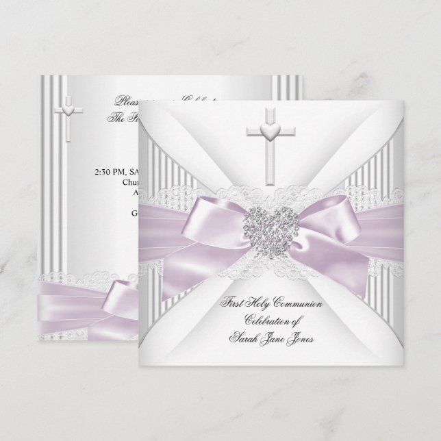 Girl First Holy Communion Pink White Grey Heart Invitation (Front/Back)