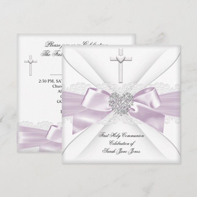 Girl First Holy Communion Pink White Heart 2 Invitation (Front/Back)
