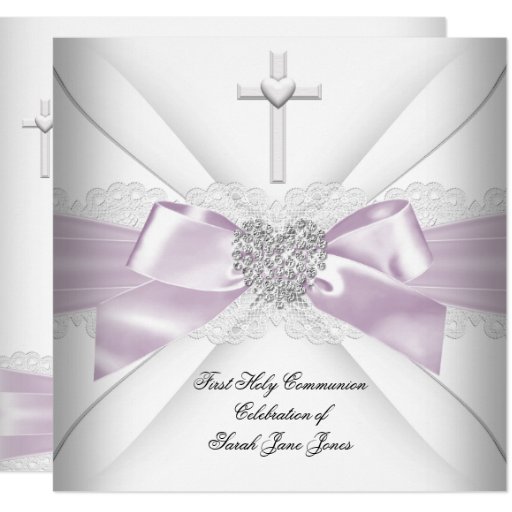 Image of Girl First Holy Communion Pink White Silver Heart Invitation