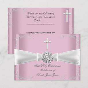 Girl First Holy Communion pink White Silver Invitation