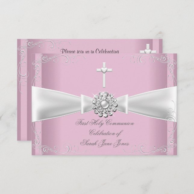 Girl First Holy Communion pink White Silver Invitation (Front/Back)