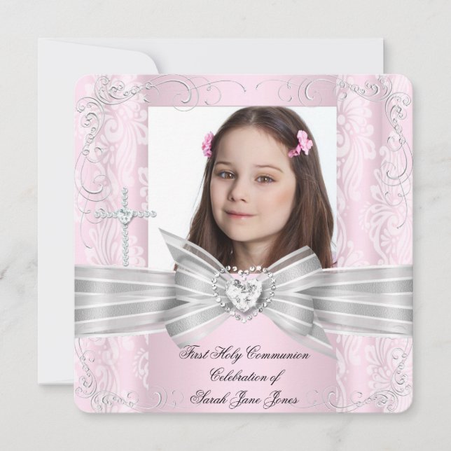 Girl First Holy Communion Pretty Pink Photo 2 Invitation (Front)
