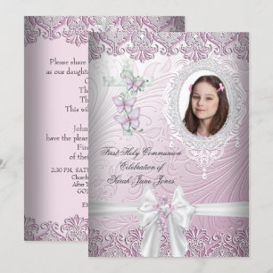 Girl First Holy Communion Pretty Pink Photo Invitation