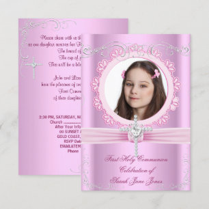 Girl First Holy Communion Pretty Pink Photo Invitation