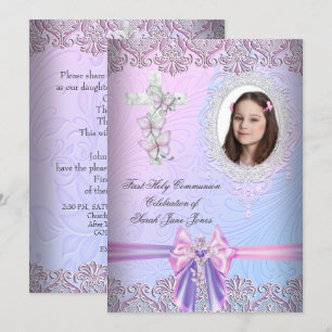 Girl First Holy Communion Pretty Pink Photo Invitation