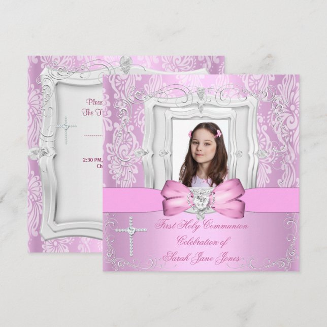 Girl First Holy Communion Pretty Pink Photo Invitation (Front/Back)