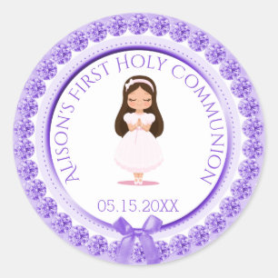 Girl First Holy Communion Purple Jewels Classic Round Sticker