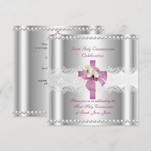 Girl First Holy Communion Silver Lace Pink Pearl Invitation