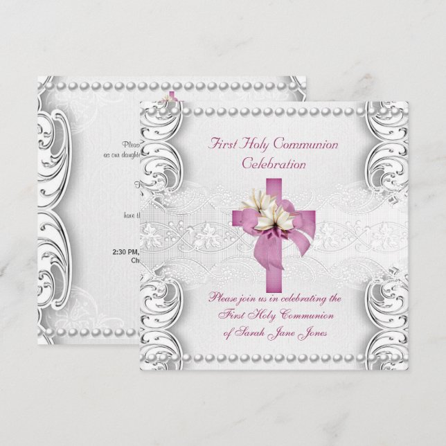 Girl First Holy Communion Silver Lace Pink Pearl Invitation (Front/Back)