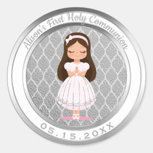 Girl First Holy Communion Silver Quatrefoil Classic Round Sticker