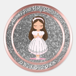 Girl First Holy Communion Silver Rose Gold Classic Round Sticker