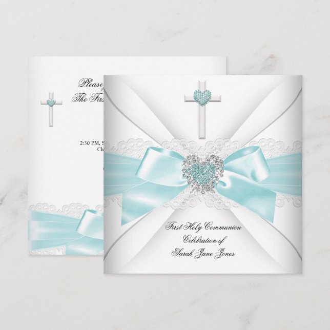 Girl First Holy Communion Teal White Heart Invitation (Front/Back)