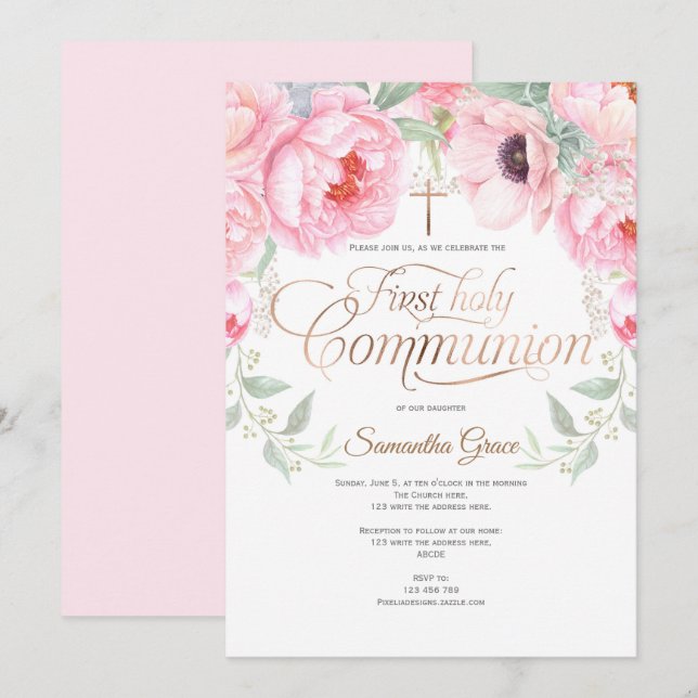 Girl, First Holy Communion, Watercolor Flowers Invitation (Front/Back)