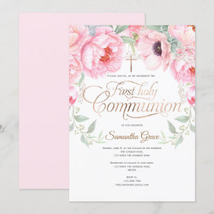 Girl, First Holy Communion, Watercolor Flowers Invitation
