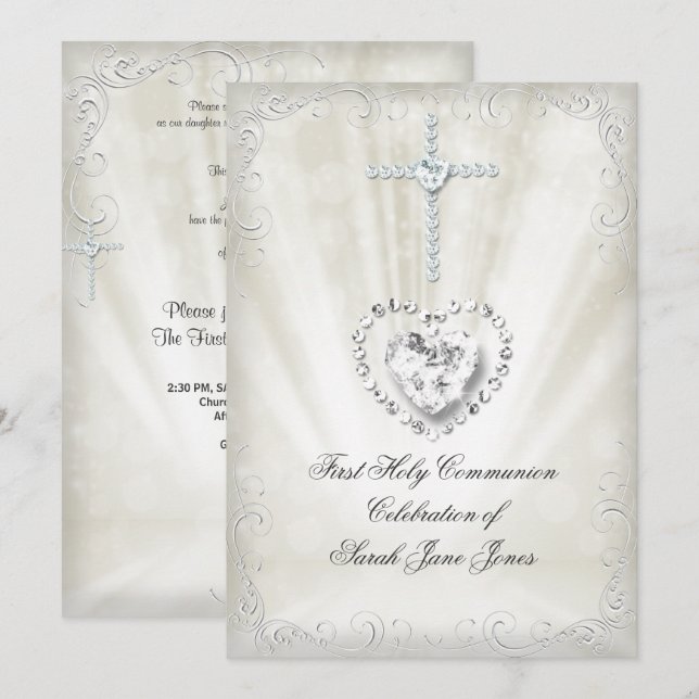 Girl First Holy Communion White Beige Heavenly 2 Invitation (Front/Back)