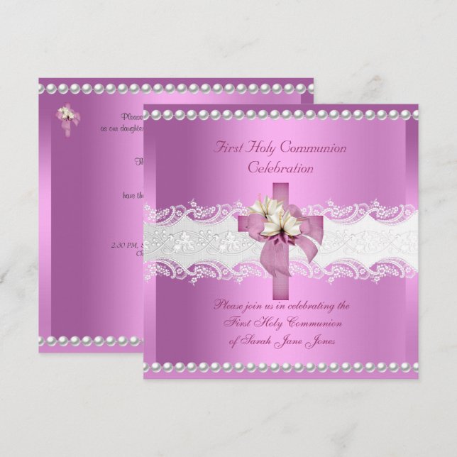 Girl First Holy Communion White Lace Pink Pearl Invitation (Front/Back)