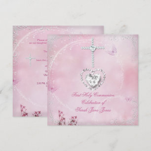 Girl First Holy Communion White Pink butterfly Invitation