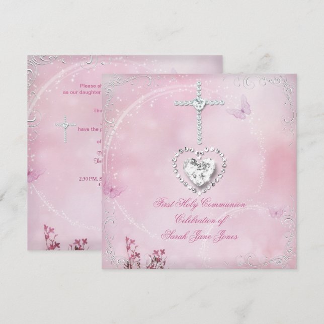 Girl First Holy Communion White Pink butterfly Invitation (Front/Back)