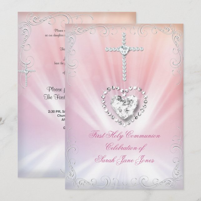 Girl First Holy Communion White Pink Heavenly 2 Invitation (Front/Back)