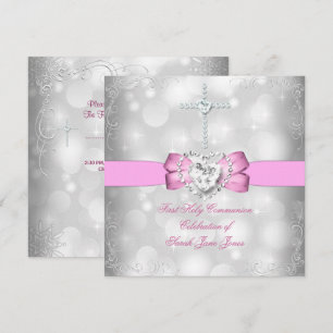 Girl First Holy Communion White Pink Invitation