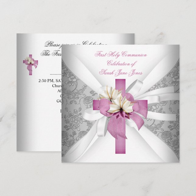 Girl First Holy Communion White Pink Invitation (Front/Back)
