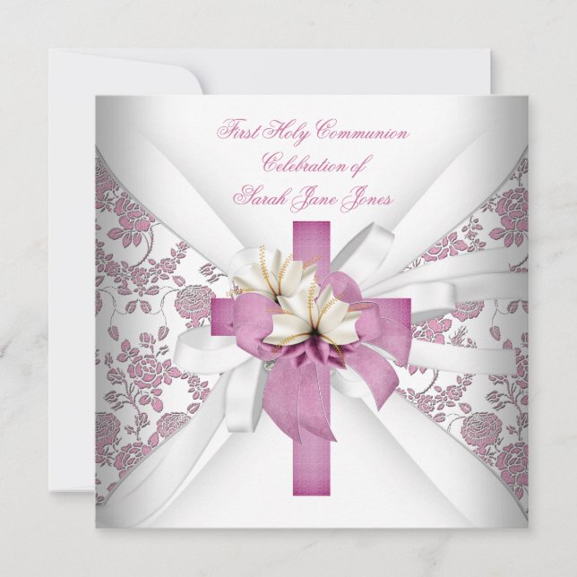 Girl First Holy Communion White Pink Invitation (Front)