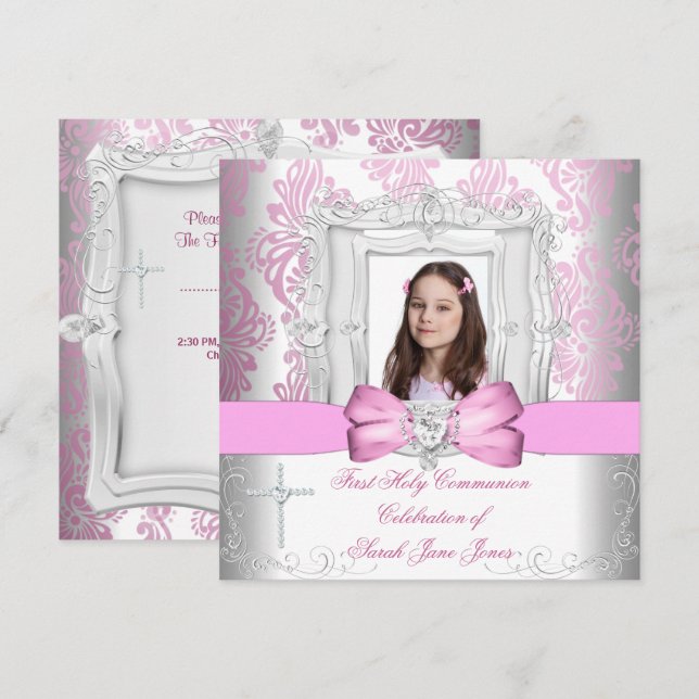 Girl First Holy Communion White Pink Photo Invitation (Front/Back)