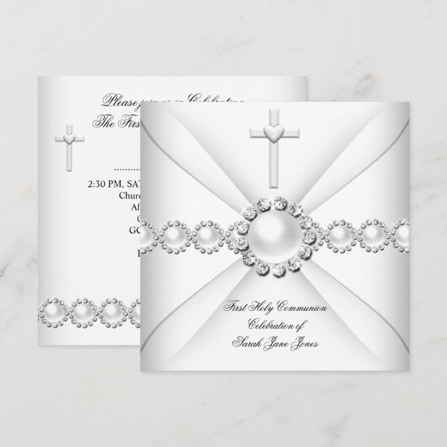 Girl First Holy Communion White Silver 2 Invitation (Front/Back)