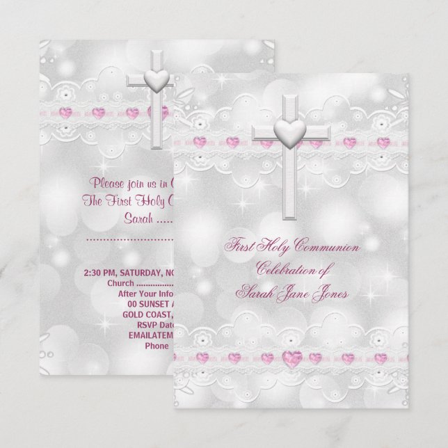 Girl First Holy Communion White Silver Invitation (Front/Back)